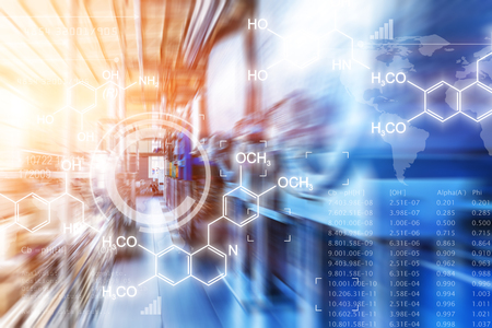 Creative abstract chemical scientific background illustration with chemistry formula and atom structure against chemical factory plant interior with industrial manufacturing equipment with motion blur effectの写真素材