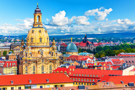 Scenic summer aerial view of of the Old Town architecture of Dresden, Saxony, Germanyの写真素材