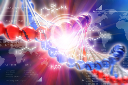 Creative abstract DNA genetic research scientific medical technology analysis concept: 3D render illustration of DNA molecule structure and research data cyberspaceの写真素材