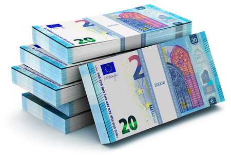 Creative abstract banking, money making and business success financial concept: 3D render illustration of the heap of stacks of 20 Euro banknotes isolated on white backgroundの写真素材