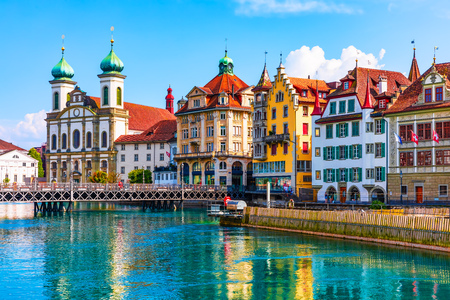 Scenic summer aerial panorama of the Old Town medieval architecture in Lucerne, Switzerlandの写真素材