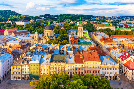 Scenic summer aerial view of the Market Square architecture in the Old Town of Lviv, Ukraineの写真素材