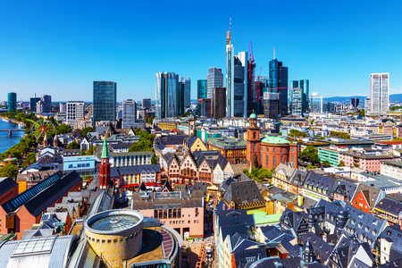Scenic summer aerial view of the business corporate downtown bank district with high tall skyscraper buildings in Frankfurt am Main, Germanyの写真素材