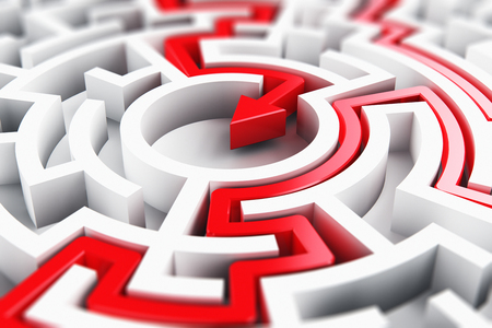Creative abstract success, perspective vision, marketing, strategy, finding solution and motivation business communication concept: 3D render illustration of the solved round circle labyrinth maze with red arrow path on white backgroundの写真素材