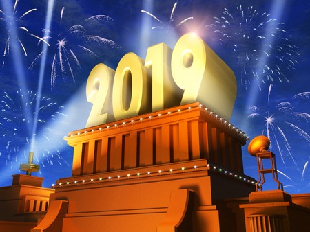 Creative abstract New Year 2019 celebration concept: 3D render illustration of the shiny golden 2019 text on pedestal at night with fireworks in cinema styleの写真素材