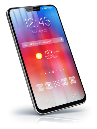 Creative abstract mobile phone wireless communication technology and mobility business office concept: 3D render illustration of modern metal black glossy touchscreen smartphone with colorful application interface with color icons and buttons isolated on white background with reflection effectの写真素材