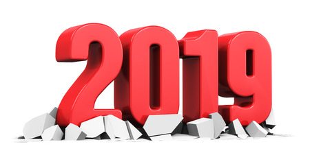 3D render illustration of red creative abstract New Year 2019 holiday beginning celebration concept on cracked surface isolated on white backgroundの写真素材