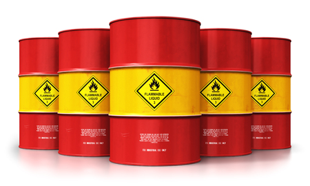 Creative abstract oil and gas industry manufacturing and trading business concept: 3D render illustration of the group of red metal oil drums or petroleum barrels isolated on white background with reflection effectの写真素材