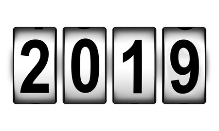 Creative abstract New Year 2019 beginning celebration concept: 3D render illustration of countdown timer clock with 2019 number text isolated on white backgroundの写真素材