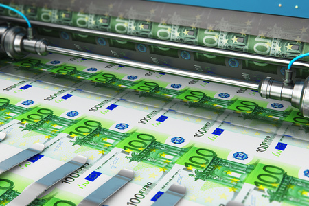 Business success, finance, banking, accounting and making money concept: printing 100 Euro money paper cash banknotes on print machine in typographyの写真素材