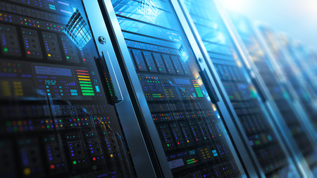 Modern web network and internet telecommunication technology, big data storage and cloud computing computer service business concept: 3D render illustration of the macro view of server room interior in datacenter with selective focus effectの写真素材
