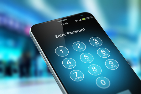 Creative abstract mobile internet web communication security and safety business commercial concept: 3D render illustration of modern black glossy touchscreen smartphone or mobile phone with enter password verification screen in the airport terminal or shopping mall with selective focus blur bokeh effectの写真素材