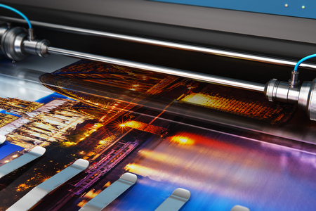 3D render illustration of printing photo banner on large format color plotter in typography or print house printshopの写真素材