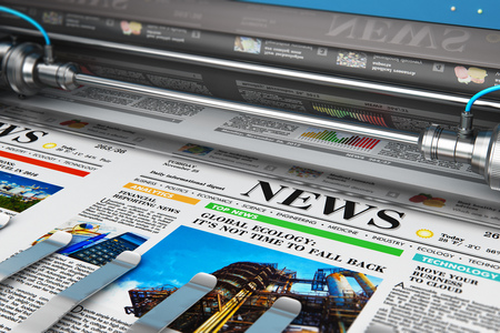3D render illustration of printing color daily business newspapers or news papers on the offset print machine in typographyの写真素材