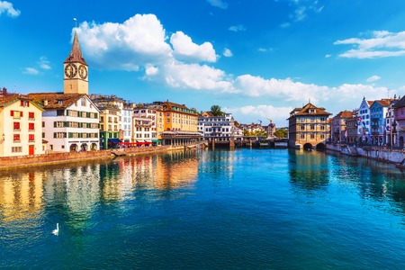 Scenic summer view of the Old Town pier architecture and Limmat river embankment in Zurich, Swizerlandの写真素材