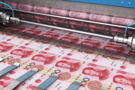 Business success, finance, banking, accounting and making money concept: printing 100 Chinese yuan money paper cash banknotes on print machine in typographyの写真素材