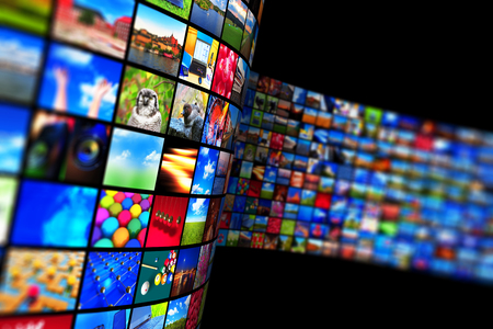 Creative abstract web streaming media TV video service technology, multimedia business internet communication and cinema content production concept: 3D render illustration of black background with endless walls of screens with color photos and colorful displays with different imagesの写真素材