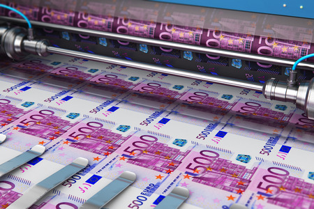 Business success, finance, banking, accounting and making money concept: 3D render illustration of printing 500 Euro money paper cash banknotes on print machine in typographyの写真素材