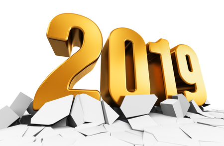 3D render illustration of golden creative abstract New Year 2019 holiday beginning celebration concept on cracked surface isolated on white backgroundの写真素材