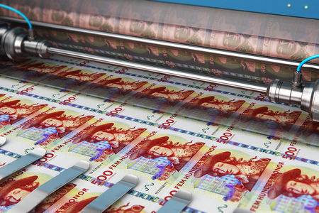 Business success, finance, banking, accounting and making money concept: 3D render illustration of printing 500 SEK Swedish krona money paper cash banknotes on print machine in typographyの写真素材