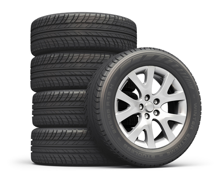 Creative abstract auto industry, service and maintenance repair business technology automotive concept: 3D render illustration of the set of car wheels with tyres or tires isolated on white backgroundの写真素材