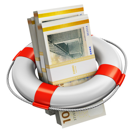 Creative abstract banking, accounting finance investment risk and financial success development and growth concept: 3D render illustration of the bundles of 100 Danish krona paper money banknotes in the inflatable ring lifesaver belt or buoy isolated on white backgroundの写真素材