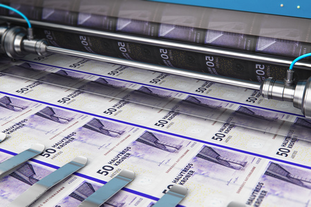 Business success, finance, banking, accounting and making money concept: 3D render illustration of printing 50 DK Danish krona money paper cash banknotes on print machine in typographyの写真素材