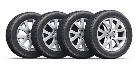 Creative abstract auto industry, service and maintenance repair business technology automotive concept: 3D render illustration of the set of car wheels with tyres or tires isolated on white backgroundの写真素材