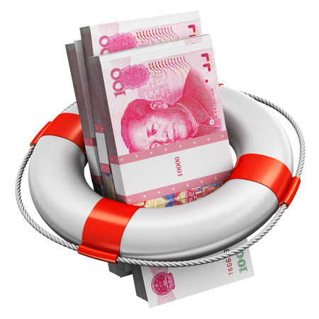 Creative abstract banking, accounting finance investment risk and financial success development and growth concept: 3D render illustration of the bundles of 100 Chinese yuan paper money banknotes in the inflatable ring lifesaver belt or buoy isolated on white backgroundの写真素材