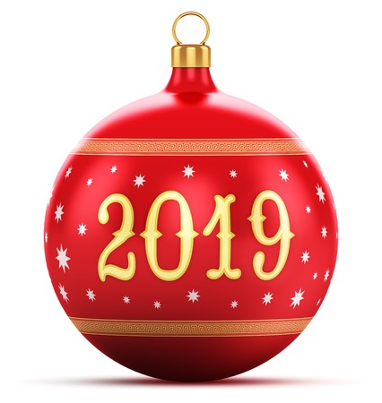 Creative abstract New Year 2019 holiday and Xmas celebration concept: 3D render illustration of red color shiny metallic glass Christmas ball with colorful star decoration ornament design isolated on white backgroundの写真素材