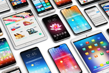 Creative abstract mobility and digital wireless communication technology business concept: 3D render illustration of the group of tablet computer PC and modern touchscreen smartphones or mobile phone electronic gadget devices with various internet applications and web apps with color interface and colorful icons and buttons isolated on white backgroundの写真素材