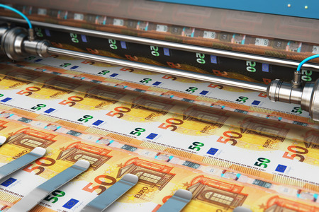Business success, finance, banking, accounting and making money concept: 3D render illustration of printing 50 Euro money paper cash banknotes on print machine in typographyの写真素材
