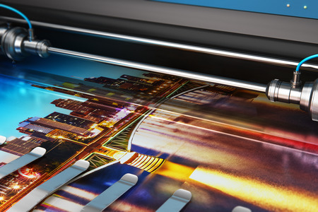 3D render illustration of printing photo banner on large format color plotter in typography or print house printshopの写真素材