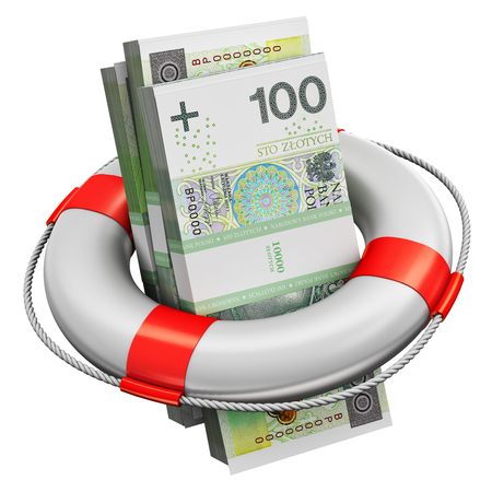 Creative abstract banking, accounting finance investment risk and financial success development and growth concept: 3D render illustration of the bundles of 100 Polish zloty paper money banknotes in the inflatable ring lifesaver belt or buoy isolated on white backgroundの写真素材