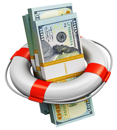 Creative abstract banking, accounting finance investment risk and financial success development and growth concept: 3D render illustration of the bundles of 100 US dollar paper money banknotes in the inflatable ring lifesaver belt or buoy isolated on white backgroundの写真素材