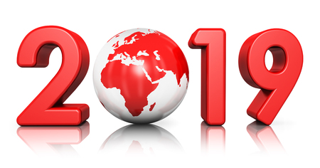 3D render illustration of creative abstract New Year 2019 holiday beginning celebration concept with red glossy Earth globe isolated on white background with reflection effectの写真素材