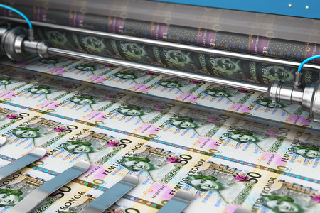 Business success, finance, banking, accounting and making money concept: 3D render illustration of printing 50 SEK Swedish krona money paper cash banknotes on print machine in typographyの写真素材