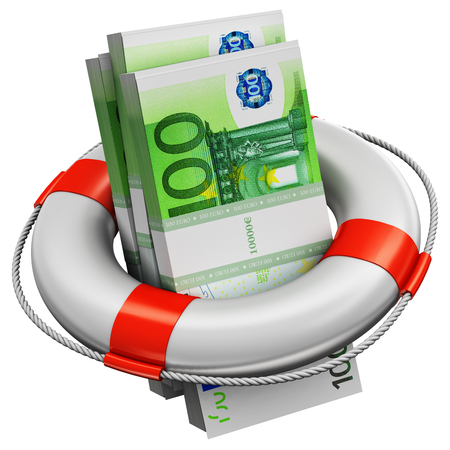Creative abstract banking, accounting finance investment risk and financial success development and growth concept: 3D render illustration of the bundles of 100 Euro paper money banknotes in the inflatable ring lifesaver belt or buoy isolated on white backgroundの写真素材