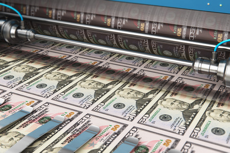 Business success, finance, banking, accounting and making money concept: 3D render illustration of printing 50 US dollar USD money paper cash banknotes on print machine in typographyの写真素材