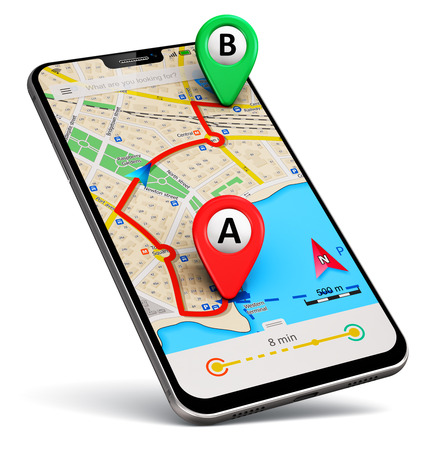 Creative abstract GPS satellite navigation, travel, tourism and location route planning business concept: 3D render illustration of the modern black glossy touchscreen smartphone or mobile phone with wireless navigator city map service internet application app on screen and group of colorful destination pointer marker icons isolated on white backgroundの写真素材