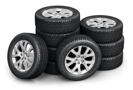Creative abstract auto industry, service and maintenance repair business technology automotive concept: 3D render illustration of the set of car wheels with tyres or tires isolated on white background with reflection effectの写真素材