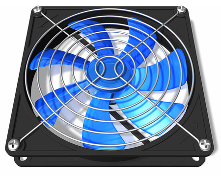 3D render illustration of blue computer PC chassis and CPU cooler fan isolated on white backgroundの写真素材