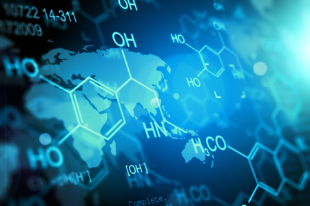 Creative abstract chemistry DNA genetic research scientific medical technology analysis concept: 3D render illustration of chemical DNA molecule structure and research data in blue cyberspaceの写真素材