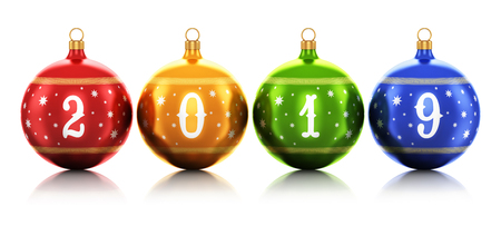 Creative abstract New Year 2019 holiday and Xmas celebration concept: 3D render illustration of the group of color shiny metallic glass Christmas balls with colorful star decoration ornament design isolated on white background with reflection effectの写真素材