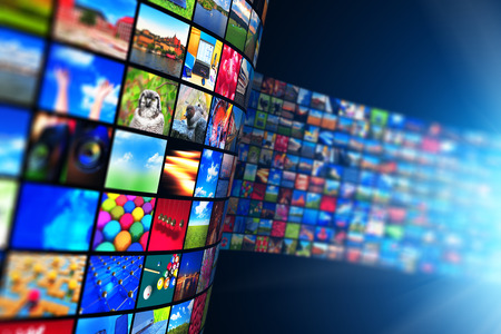 Creative abstract web streaming media TV video service technology, multimedia business internet communication and cinema content production concept: 3D render illustration of black background with endless walls of screens with color photos and colorful displays with different imagesの写真素材