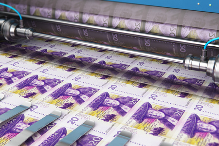 Business success, finance, banking, accounting and making money concept: 3D render illustration of printing 20 SEK Swedish krona money paper cash banknotes on print machine in typographyの写真素材