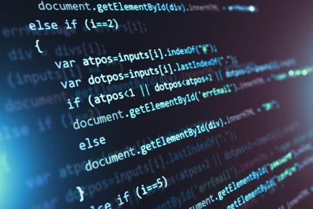 Creative abstract PHP web design, internet programming HTML language and digital computer technology business concept: 3D render illustration of the macro view of software source code on screen monitor with selective focus effectの写真素材