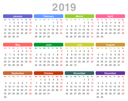 Color vector illustration of 2019 year annual calendar (Monday first, English) isolated on white backgroundのイラスト素材