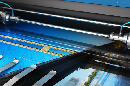 3D render illustration of printing photo banner on large format color plotter in typography or print...