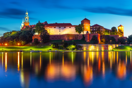 Scenic summer night view of the Wawel Castle, Cathedral Church and Vistula river embankment in the Old Town of Krakow, Polandの写真素材